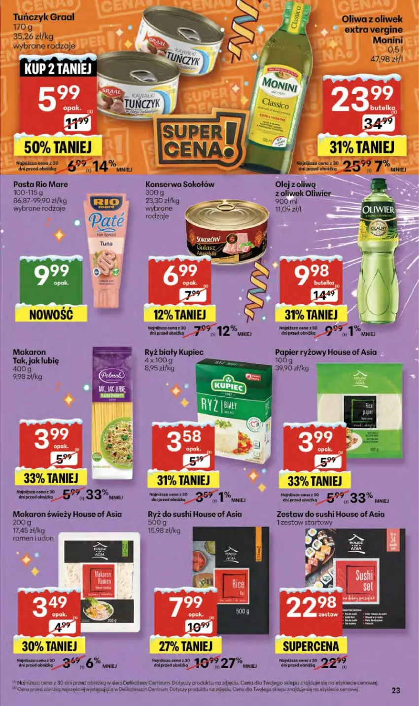 Gazetka promocyjna Delikatesy Centrum - Franczyza DC52 Czwartek - ważna 29.12.2025 do 07.01.2026 - strona 23 - produkty: Gin, Gra, Graal, House of Asia, Kupiec, Makaron, Monini, Olej, Oliwa z oliwek, Piec, Rio Mare, Rum, Ryż, Ryż biały, Ryż do sushi, Ser, Sok, Sokołów, Sushi, Tuńczyk, Zestaw do sushi