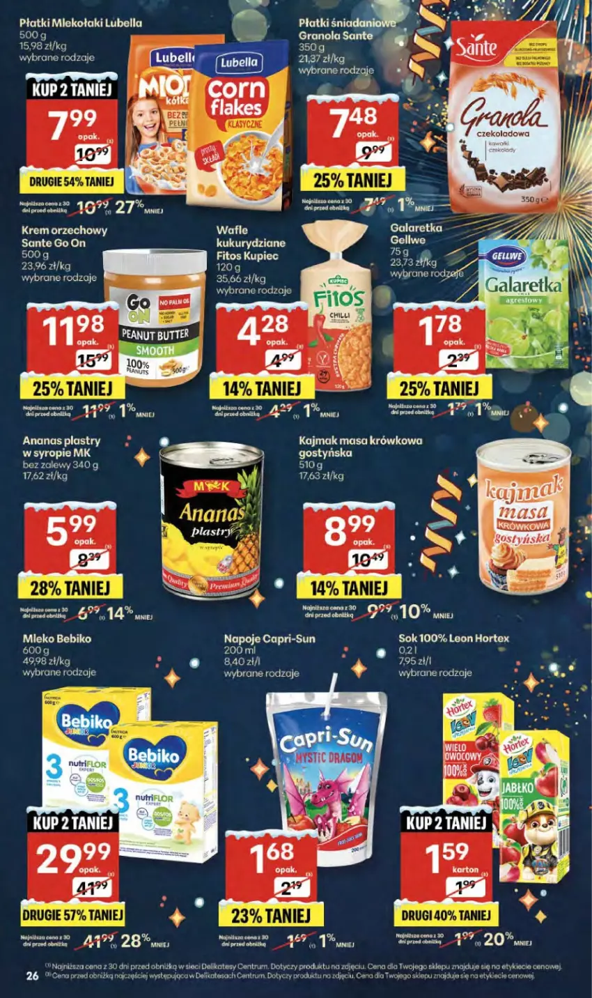 Gazetka promocyjna Delikatesy Centrum - Franczyza DC52 Czwartek - ważna 29.12.2025 do 07.01.2026 - strona 26 - produkty: Bebiko, Fa, Gala, Galaretka, Gra, Granola, Hortex, Kije, Krem orzechowy, Kupiec, Leon, Masa krówkowa, Mleko, Napoje, Piec, Rum, Sante, Sok, Syrop