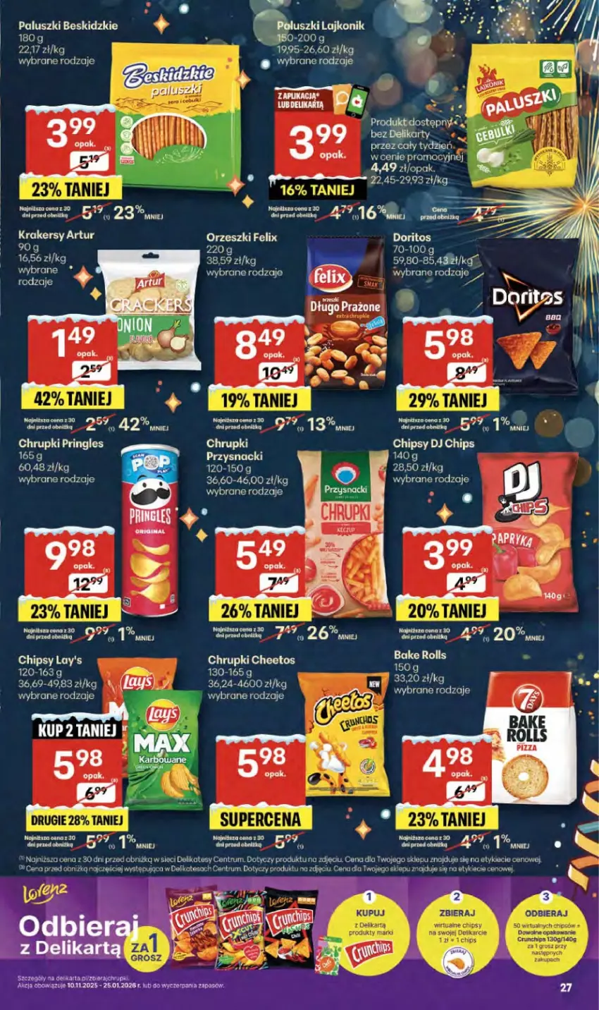 Gazetka promocyjna Delikatesy Centrum - Franczyza DC52 Czwartek - ważna 29.12.2025 do 07.01.2026 - strona 27 - produkty: Artur, Beskidzki, Cheetos, Chipsy, Chrupki, Fa, Felix, Krakersy, Orzeszki, Przysnacki, Rum, Szal