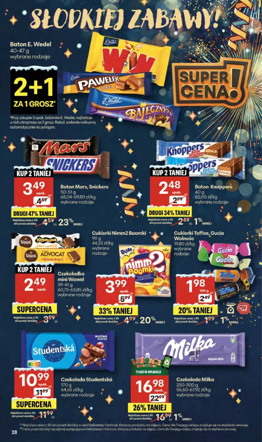Gazetka promocyjna Delikatesy Centrum - Franczyza DC52 Czwartek - ważna 29.12.2025 do 07.01.2026 - strona 28 - produkty: Baton, Cukier, Cukierki, Czekolada, E. Wedel, Mars, Milka, Nimm2, Rum, Snickers, Wawel