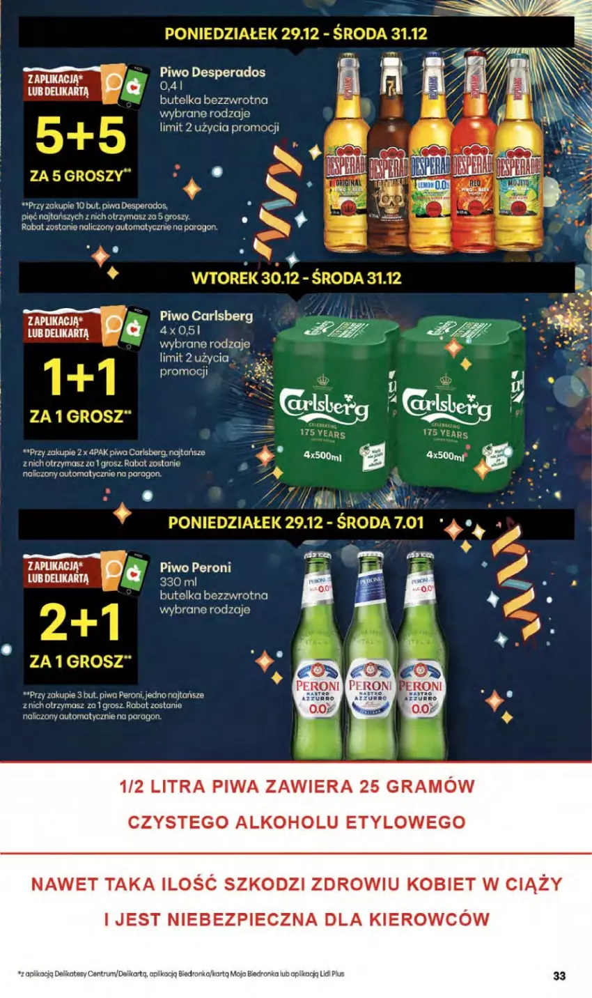 Gazetka promocyjna Delikatesy Centrum - Franczyza DC52 Czwartek - ważna 29.12.2025 do 07.01.2026 - strona 33 - produkty: Carlsberg, Desperados, Dron, Gra, Piec, Piwa, Piwo, Rum