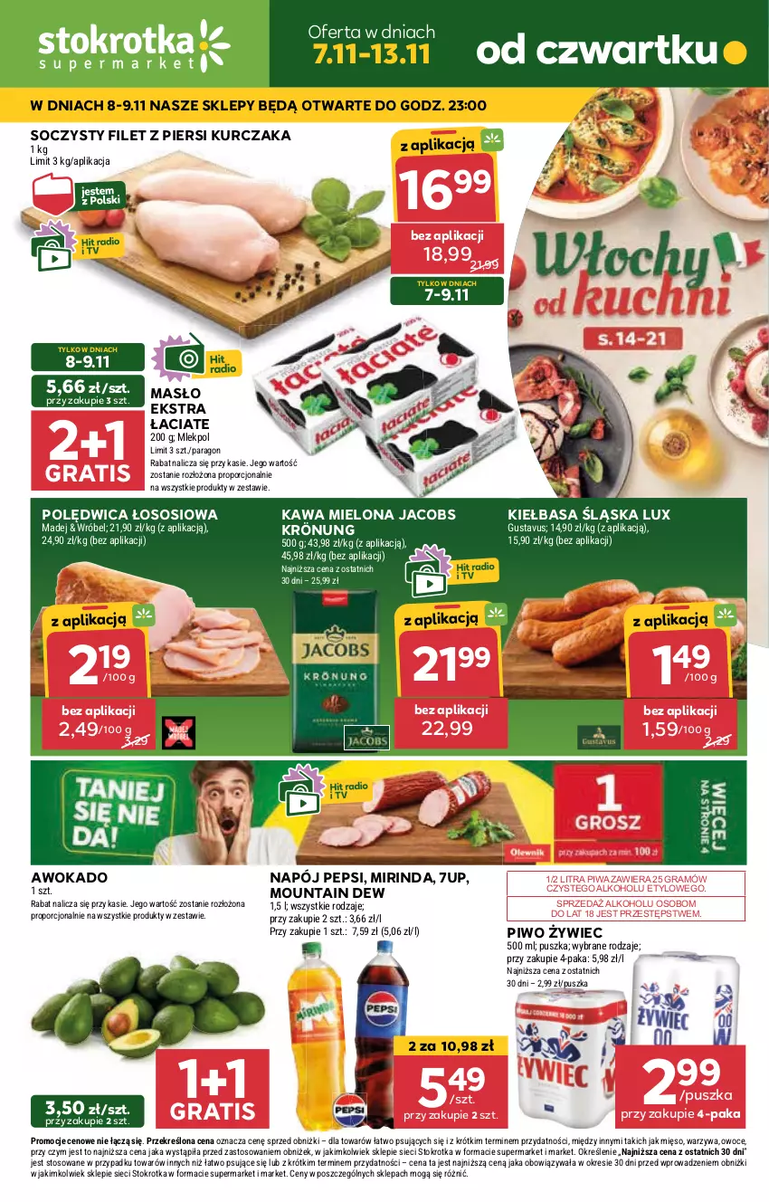 Gazetka promocyjna Stokrotka - Supermarket Opole/Radom - ważna 07.11 do 13.11.2024 - strona 1 - produkty: 7up, Filet z piersi kurczaka, Gra, Jacobs, Jacobs Krönung, Kawa, Kawa mielona, Kiełbasa, Kiełbasa śląska, Kurczak, Masło, Mirinda, Napój, Owoce, Pepsi, Piwa, Piwo, Polędwica, Por, Sos, Warzywa