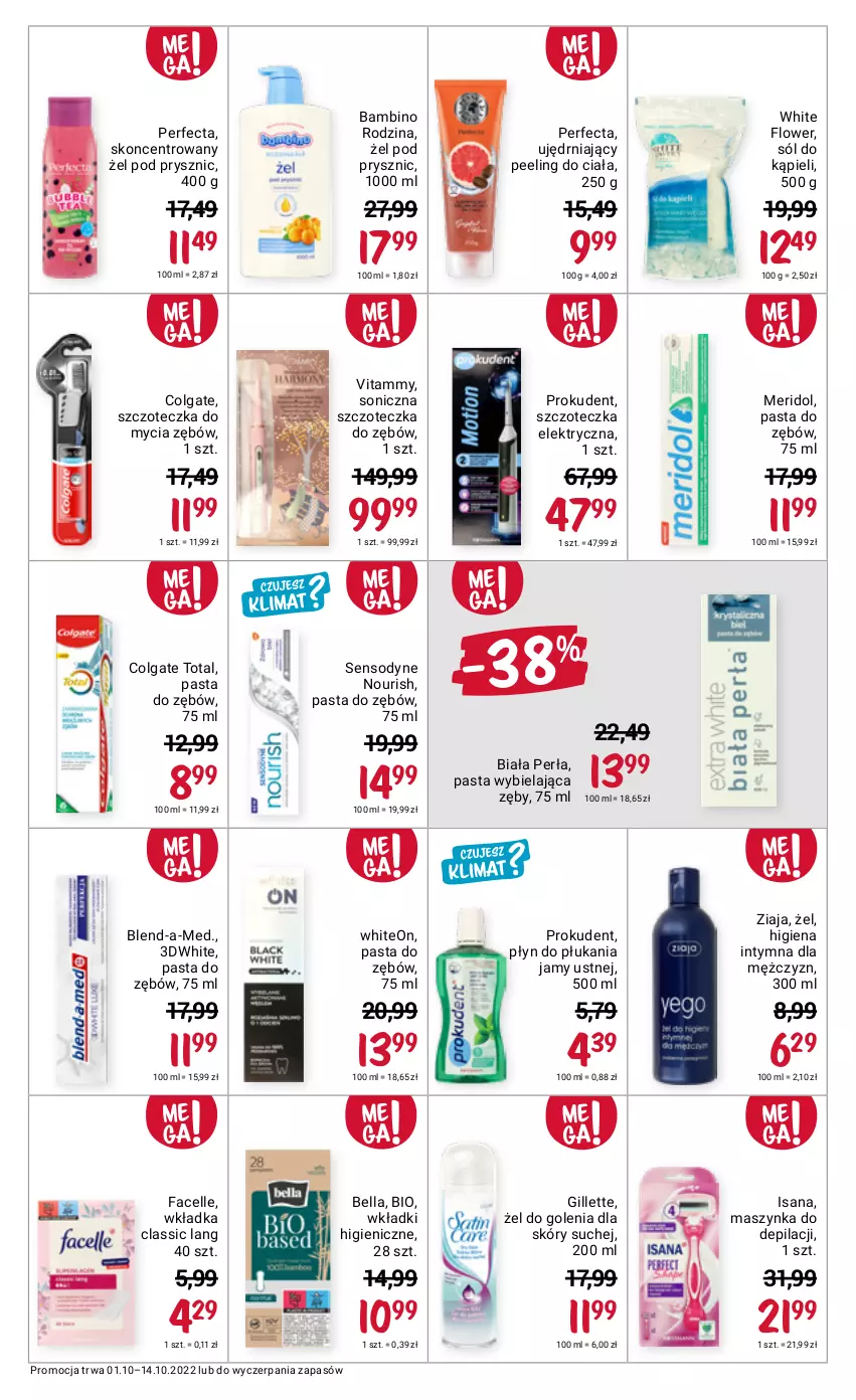 Gazetka promocyjna Rossmann - 1 października - ważna 01.10 do 14.10.2022 - strona 5 - produkty: Bell, Bella, Blend-a-Med, Colgate, Colgate Total, Fa, Facelle, Gillette, Isana, LG, Maszynka, Pasta do zębów, Peeling, Perfecta, Perła, Płyn do płukania, Płyn do płukania jamy ustnej, Prokudent, Sensodyne, Sól, Sól do kąpieli, Szczoteczka, Szczoteczka do zębów, Szynka, Wkładki, Ziaja