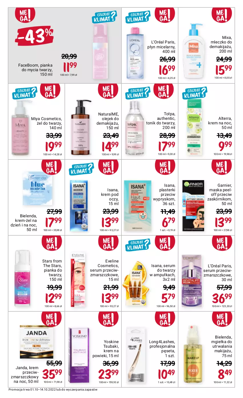 Gazetka promocyjna Rossmann - 1 października - ważna 01.10 do 14.10.2022 - strona 7 - produkty: Alterra, Bielenda, Eveline, Fa, Garnier, Isana, Krem na noc, Krem pod oczy, Krem przeciwzmarszczkowy, L’Oréal, Makijaż, Mars, Maska, Mixa, Miya Cosmetics, Mleczko, Olej, Olejek do demakijażu, Pęseta, Pianka do mycia twarzy, Plasterki, Płyn micelarny, Rum, Ser, Serum, Serum do twarzy, Tołpa, Tonik, Tonik do twarzy, Yoskine