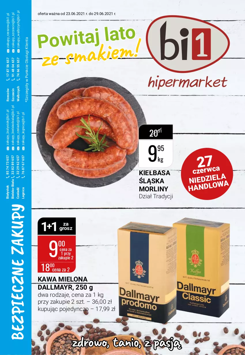 Gazetka promocyjna Bi1 - Lato ze smakiem - ważna 23.06 do 29.06.2021 - strona 1 - produkty: Dallmayr, Kawa, Kawa mielona, Kiełbasa, Kiełbasa śląska, Morliny, Piec