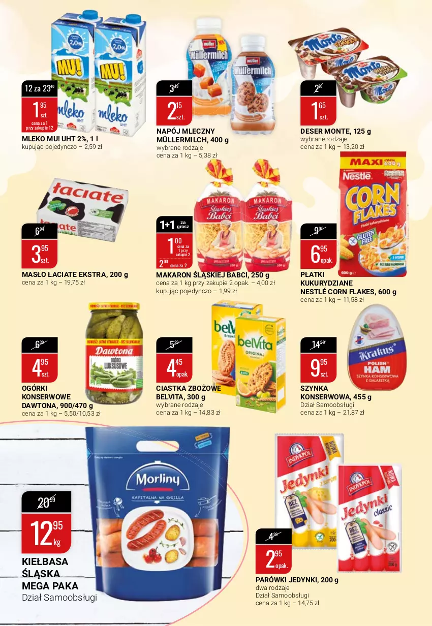 Gazetka promocyjna Bi1 - Lato ze smakiem - ważna 23.06 do 29.06.2021 - strona 4 - produkty: BelVita, Ciastka, Corn flakes, Dawtona, Deser, Kiełbasa, Kiełbasa śląska, Makaron, Masło, Mleko, Monte, Müller, Müllermilch, Napój, Napój mleczny, Nestlé, Ogórki konserwowe, Parówki, Ser, Szynka, Szynka konserwowa