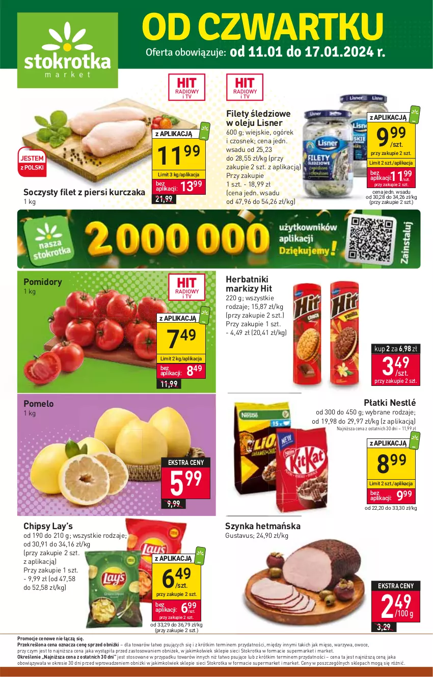 Gazetka promocyjna Stokrotka - Market - ważna 11.01 do 17.01.2024 - strona 1 - produkty: Chipsy, Czosnek, Filet z piersi kurczaka, Herbatniki, Kurczak, Lay’s, Lisner, Mięso, Nestlé, Ogórek, Olej, Owoce, Pomelo, Pomidory, Szynka, Warzywa