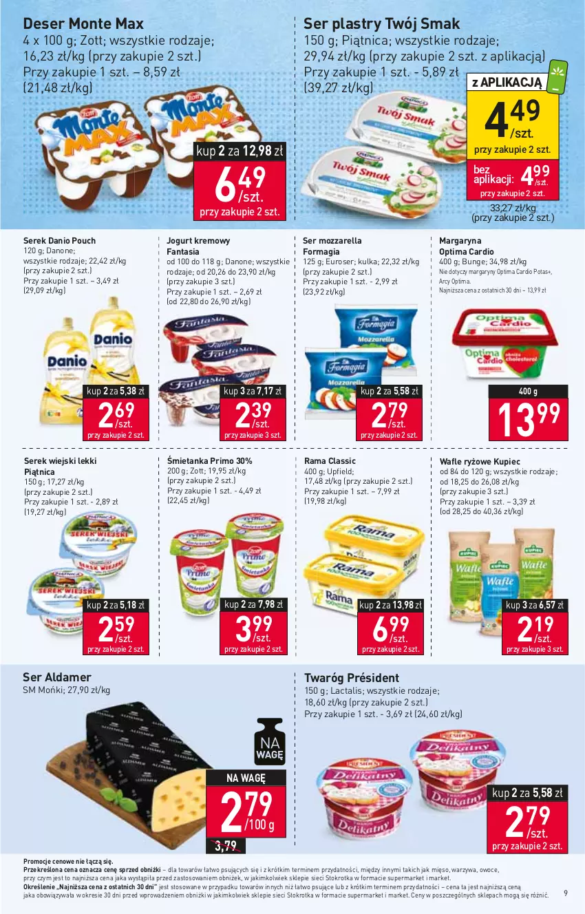 Gazetka promocyjna Stokrotka - Market - ważna 11.01 do 17.01.2024 - strona 10 - produkty: Danio, Danone, Deser, Fa, Fanta, Jogurt, Kupiec, Margaryna, Mięso, Monte, Mozzarella, Optima, Optima Cardio, Owoce, Piątnica, Piec, Président, Rama, Ryż, Ser, Serek, Serek wiejski, Twaróg, Twój Smak, Wafle, Warzywa, Zott