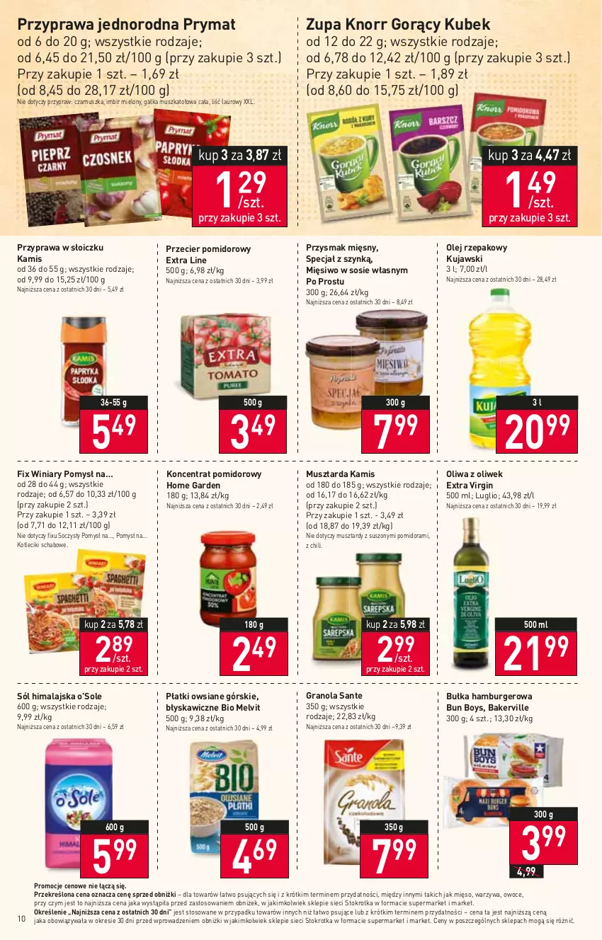 Gazetka promocyjna Stokrotka - Market - ważna 11.01 do 17.01.2024 - strona 11 - produkty: Bułka, Bułka hamburger, Burger, Gałka, Gin, Gra, Granola, Hamburger, Imbir, Kamis, Knorr, Koncentrat pomidorowy, Kubek, Kujawski, Laur, Melvit, Mięso, Mus, Musztarda, Olej, Olej rzepakowy, Oliwa z oliwek, Owoce, Płatki owsiane, Prymat, Sante, Sól, Sól himalajska, Sos, Warzywa, Winiary, Zupa