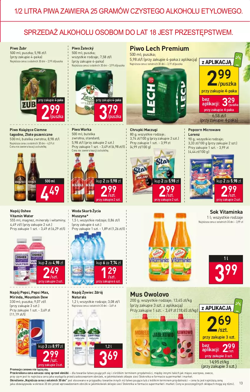 Gazetka promocyjna Stokrotka - Market - ważna 11.01 do 17.01.2024 - strona 14 - produkty: Chrupki, Gra, Inka, Książęce, Lech Premium, Lorenz, Magnez, Mięso, Mirinda, Mus, Napój, Oshee, Owoce, Pepsi, Pepsi max, Piwa, Piwo, Popcorn, Sok, Szyna, Warka, Warzywa, Woda