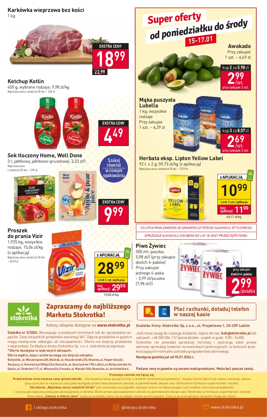 Gazetka promocyjna Stokrotka - Market - ważna 11.01 do 17.01.2024 - strona 17 - produkty: Bell, Bella, Gra, Herbata, Karkówka wieprzowa, Karp, Ketchup, Kosz, Kotlin, Lipton, Lubella, Mąka, Mięso, O nas, Owoce, Piwa, Piwo, Proszek do prania, Ser, Sok, Szal, Telefon, Vizir, Wagi, Warzywa, Wilson