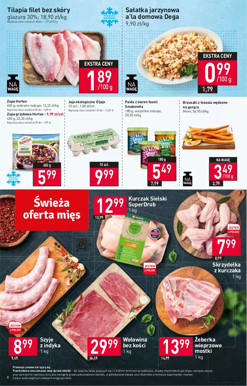 Gazetka promocyjna Stokrotka - Market - ważna 11.01 do 17.01.2024 - strona 9 - produkty: Brzuszki z łososia, Dega, Fa, Glazura, Hortex, Jaja, Kurczak, Lazur, Mięso, Owoce, Sałat, Sałatka, Skrzydełka z kurczaka, Smakowita, Sos, Tilapia, Warzywa, Wołowina, Wołowina bez kości, Zupa