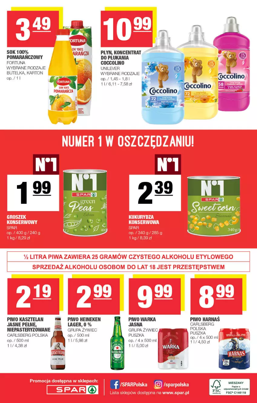 Gazetka promocyjna Spar - Spar - ważna 02.01 do 12.01.2022 - strona 8 - produkty: Carlsberg, Coccolino, Fortuna, Harnaś, Heineken, Kasztelan, Piwo, Sok, Warka