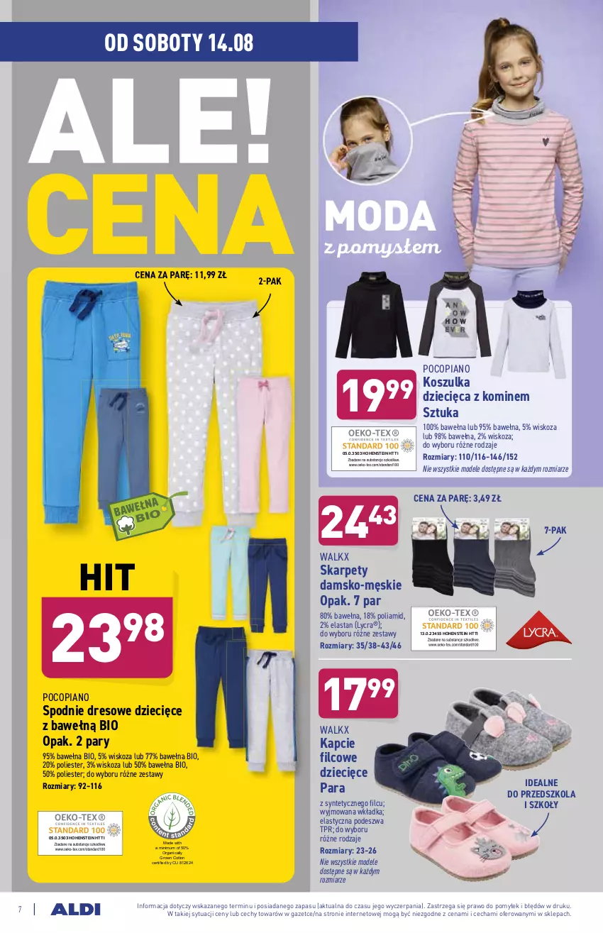 Gazetka promocyjna Aldi - ważna 11.08 do 14.08.2021 - strona 7 - produkty: Dres, Dzieci, Kapcie, Karp, Kosz, Koszulka, Moda, Pocopiano, Spodnie, Spodnie dresowe, Wełna