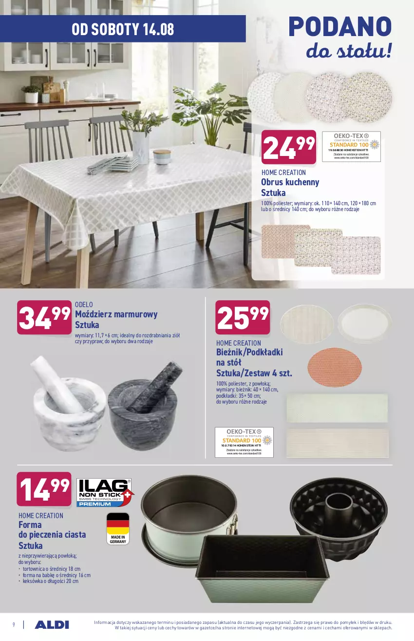 Gazetka promocyjna Aldi - ważna 11.08 do 14.08.2021 - strona 9 - produkty: Bieżnik, Forma do pieczenia, Keksówka, Obrus, Piec, Podkład, Stół, Tortownica