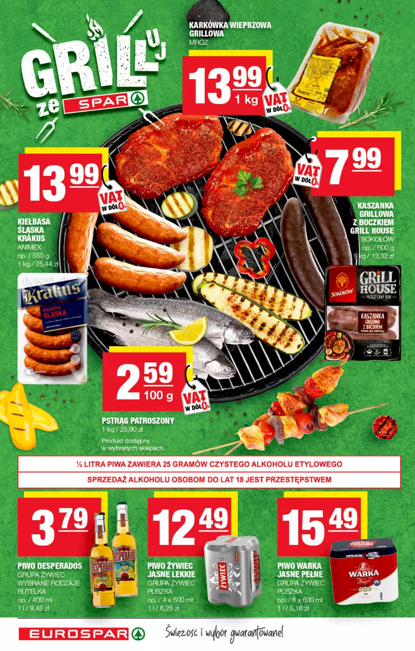 Gazetka promocyjna Spar - EuroSpar - ważna 05.07 do 15.07.2022 - strona 10 - produkty: Desperados, Gra, Grill, Karkówka wieprzowa, Kasza, Kaszanka, Krakus, LG, Piwa, Piwo, Sok, Sokołów, Warka