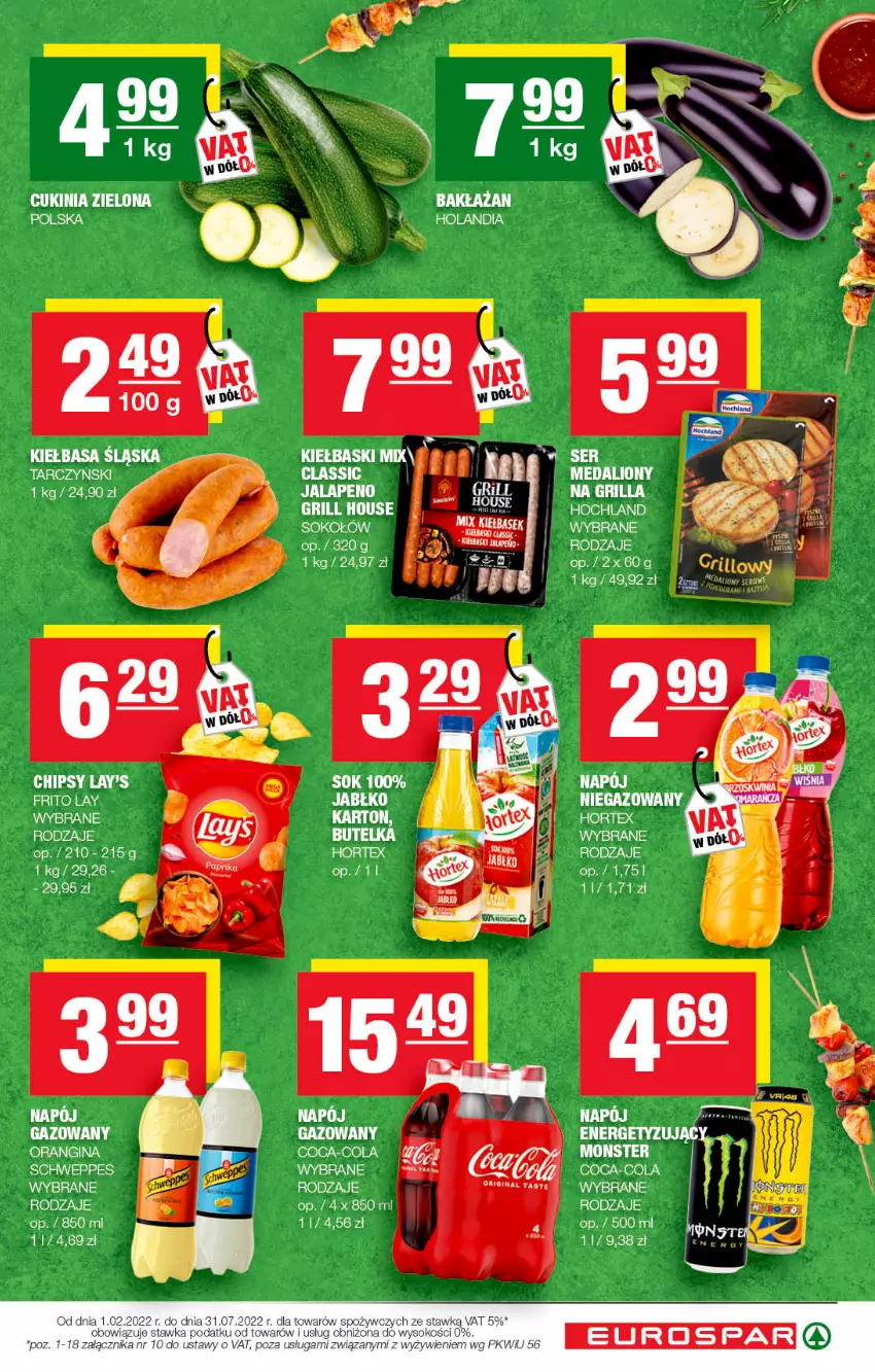 Gazetka promocyjna Spar - EuroSpar - ważna 05.07 do 15.07.2022 - strona 11 - produkty: Chipsy, Coca-Cola, Gin, Grill, Hochland, Kiełbasa, Kiełbasa śląska, LG, Sok, Sokołów, Tarczyński