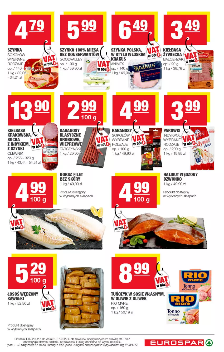 Gazetka promocyjna Spar - EuroSpar - ważna 05.07 do 15.07.2022 - strona 13 - produkty: Dorsz, Halibut, Kabanos, Kawa, Kiełbasa, Krakus, Olewnik, Parówki, Rio Mare, Ser, Sok, Sokołów, Sos, Szynka, Tarczyński