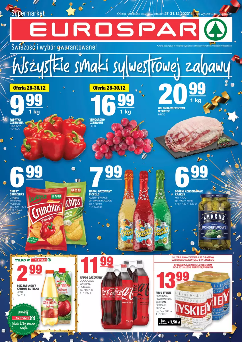 Gazetka promocyjna Spar - EuroSpar - ważna 26.12.2023 do 05.01.2024 - strona 1 - produkty: Chipsy, Coca-Cola, Crunchips, Gra, Krakus, Lorenz, Napój, Napój gazowany, Piwa, Piwo, Ser, Sok, Sok jabłkowy, Stek, Tyskie, Wino