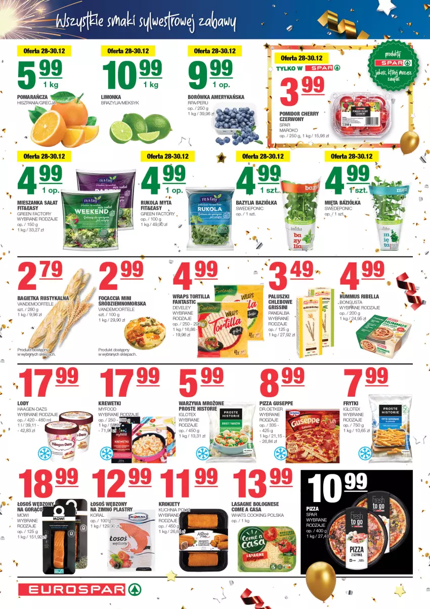 Gazetka promocyjna Spar - EuroSpar - ważna 26.12.2023 do 05.01.2024 - strona 2 - produkty: Bagietka, Bazyl, Bazylia, Bell, Bella, Borówka, Borówka amerykańska, Chleb, Fa, Fanta, Focaccia, Frytki, Gra, Hummus, Krewetki, Krokiety, Kuchnia, Lasagne, Lasagne bolognese, Limonka, Lody, Mieszanka sałat, Mięta, Mus, Pizza, Rukola, Rust, Sałat, Tortilla, Warzywa