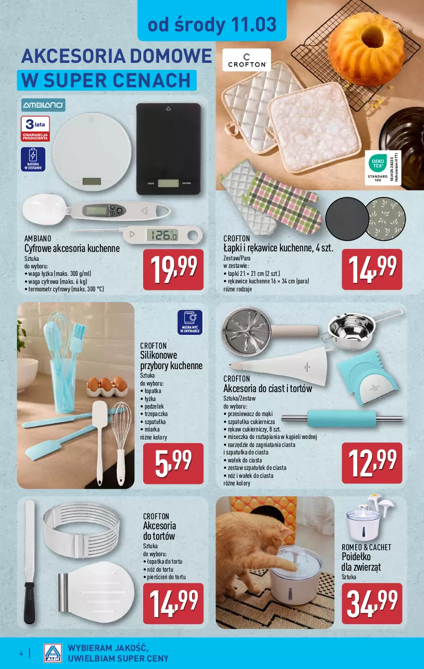 Gazetka promocyjna Aldi - Artykuły przemysłowe i tekstylia - ważna 11.03 do 14.03.2026 - strona 4 - produkty: Cień, Cukier, Miarka, Miseczka, Przybory kuchenne, Rękawice, Szpatułka, Termometr, Trzepaczka, Waga, Wałek, Wałek do ciasta