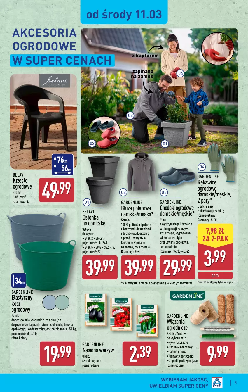 Gazetka promocyjna Aldi - Artykuły przemysłowe i tekstylia - ważna 11.03 do 14.03.2026 - strona 5 - produkty: Bluza, Bluza polarowa, Kokos, Kosz, Krzesło, Krzesło ogrodowe, Osłonka, Rękawice, Sznurek, Uchwyty