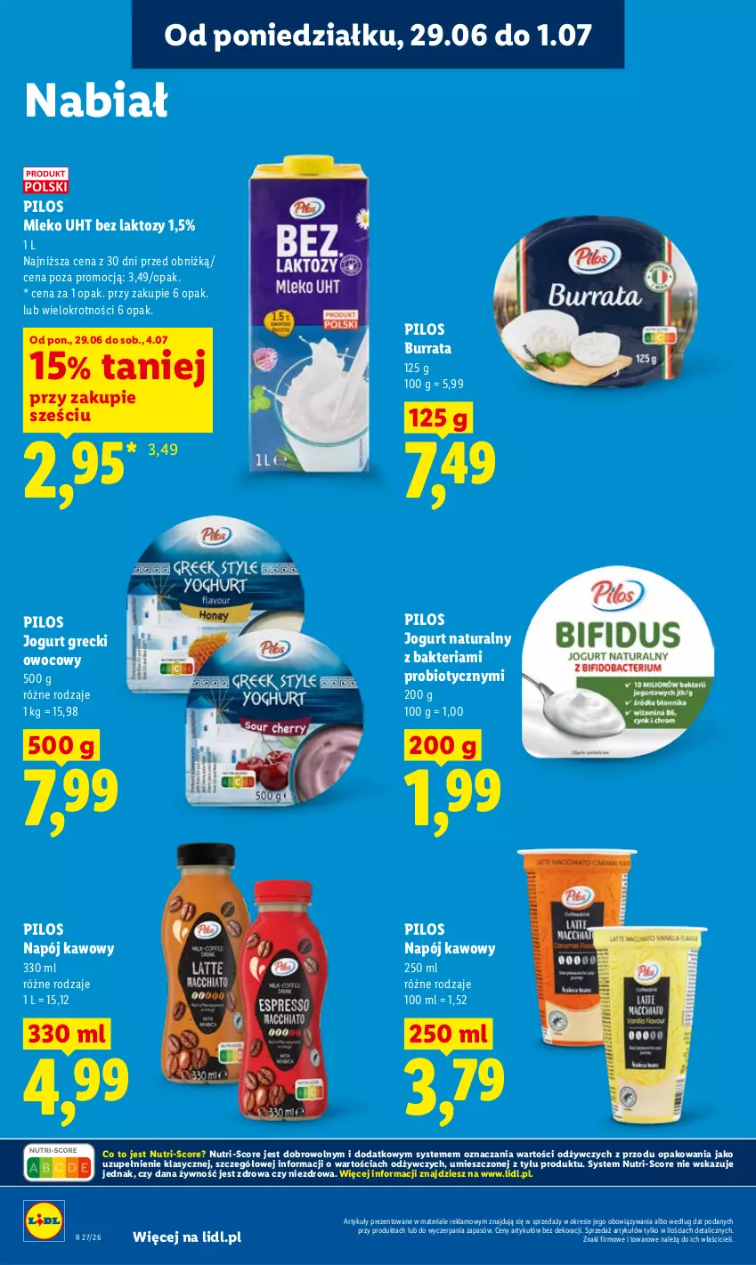 Gazetka promocyjna Lidl - Gazetka ważna od 29.06 do 1.07 - ważna 29.06 do 01.07.2026 - strona 46 - produkty: Burrata, Jogurt, Jogurt naturalny, Mleko, Napój, Pilos