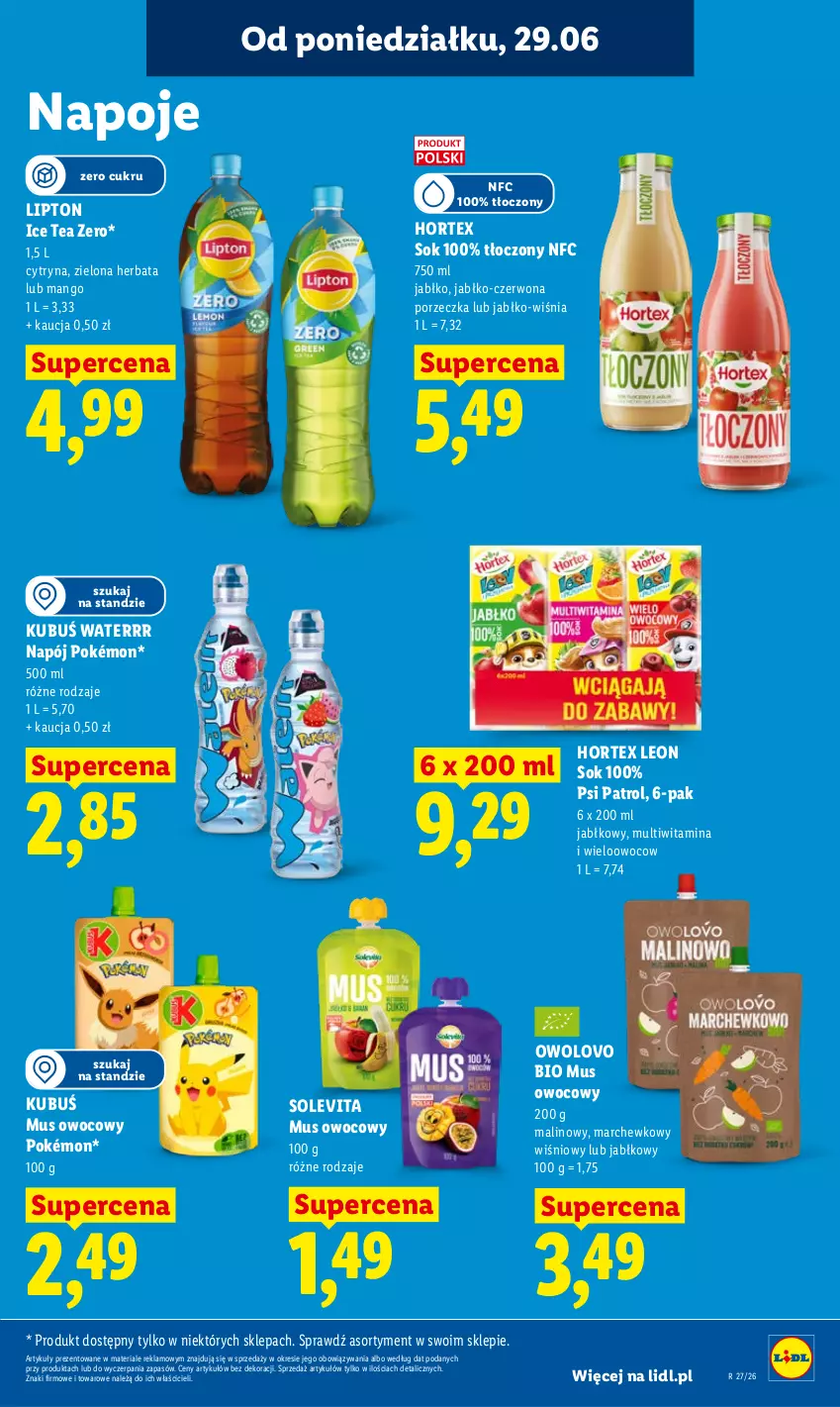 Gazetka promocyjna Lidl - Gazetka ważna od 29.06 do 1.07 - ważna 29.06 do 01.07.2026 - strona 65 - produkty: Herbata, Hortex, Ice tea, Kubuś, Kubuś Waterrr, Leon, Lipton, Mango, Mus, Napój, Napoje, Pokémon, Por, Psi Patrol, Sok