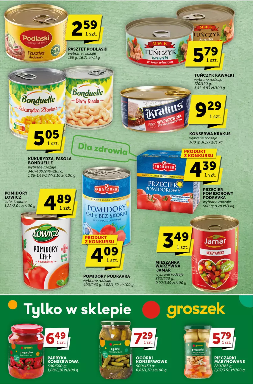 Gazetka promocyjna Groszek - ważna 29.06 do 11.07.2023 - strona 10 - produkty: Bonduelle, Fa, Fasola, Kawa, Krakus, Kukurydza, Mieszanka warzyw, Ogórki konserwowe, Papryka, Pasztet, Piec, Podlaski, Podravka, Pomidory, Ser