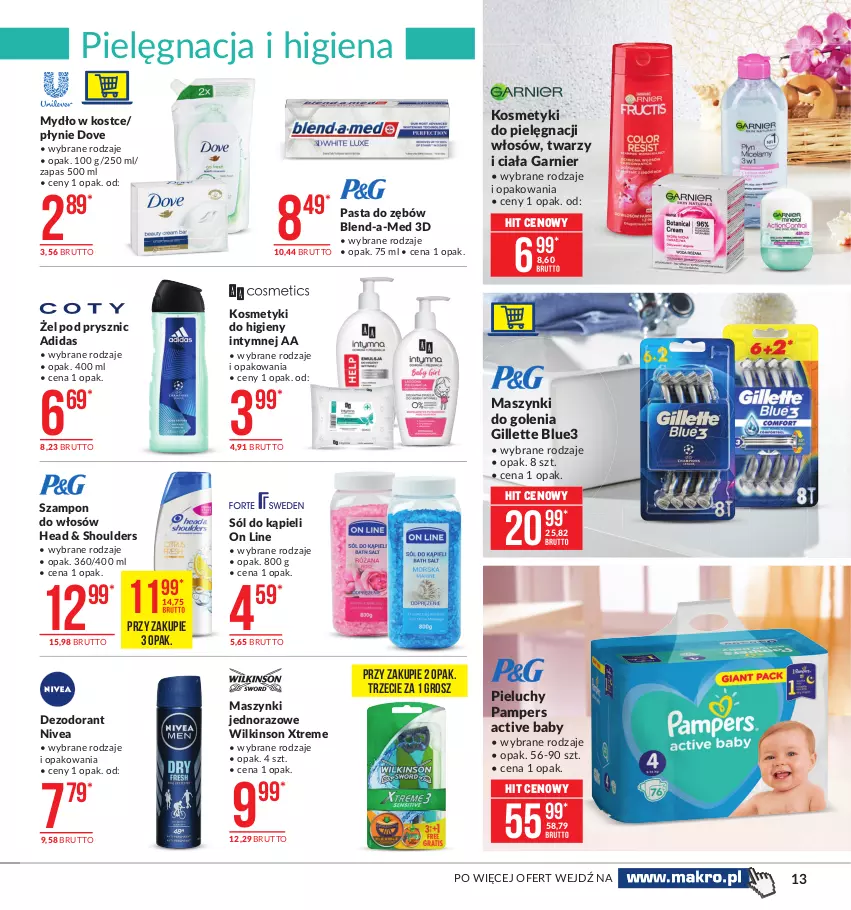 Gazetka promocyjna Makro - [Oferta promocyjna] Artykuły spożywcze - ważna 26.01 do 08.02.2021 - strona 13 - produkty: Adidas, Blend-a-Med, Dezodorant, Dove, Garnier, Gillette, Kosmetyki do pielęgnacji, Mydło, Nivea, Pampers, Pasta do zębów, Pieluchy, Sól, Sól do kąpieli, Szampon