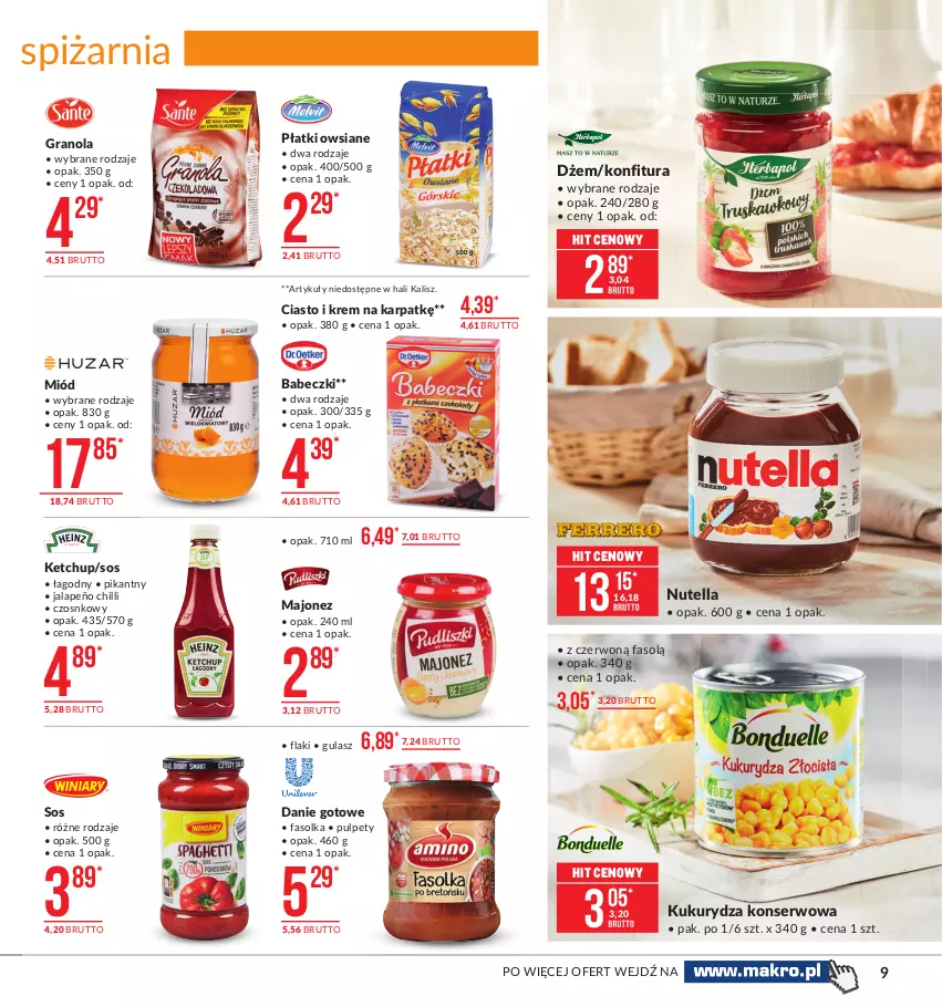 Gazetka promocyjna Makro - [Oferta promocyjna] Artykuły spożywcze - ważna 26.01 do 08.02.2021 - strona 9 - produkty: Babeczki, Danie gotowe, Dżem, Fa, Flaki, Gra, Granola, Karp, Ketchup, Konfitura, Kukurydza, Kukurydza konserwowa, Majonez, Miód, Nutella, Płatki owsiane, Pulpety, Ser, Sos