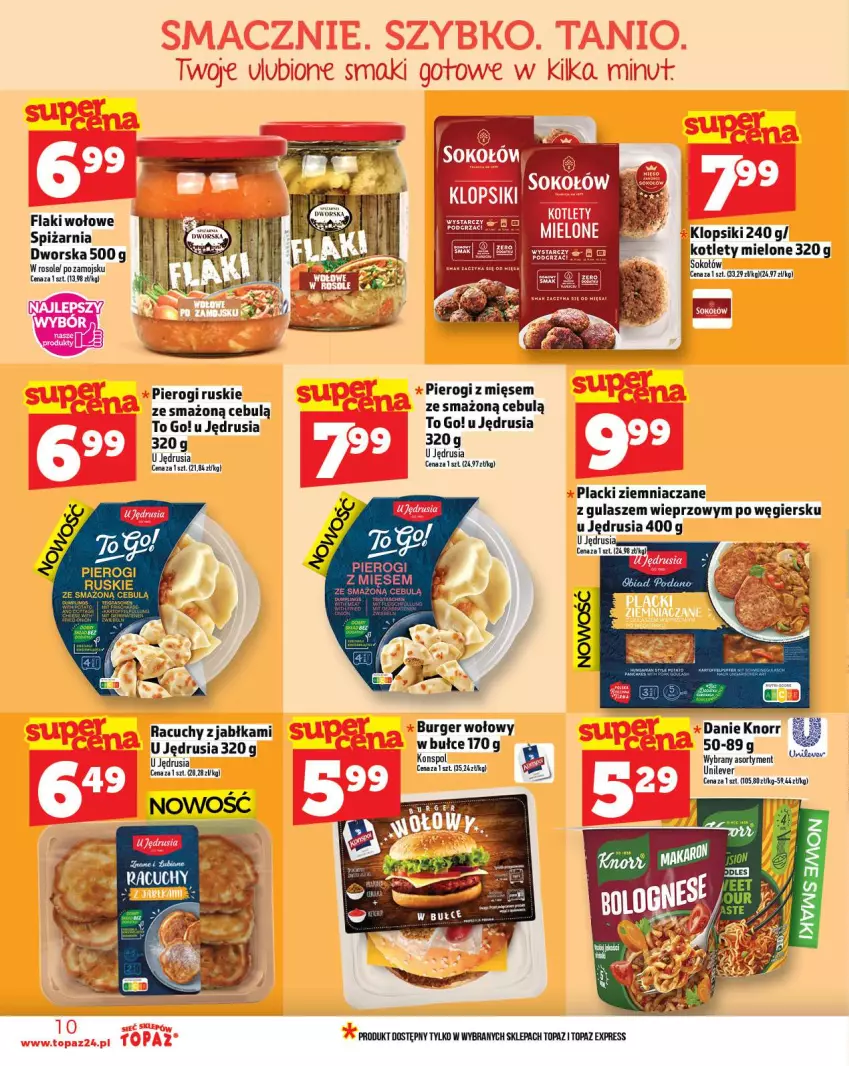 Gazetka promocyjna Topaz - Gazetka - ważna 20.11 do 26.11.2025 - strona 10 - produkty: Burger, Flaki, Flaki wołowe, Jabłka, Klopsiki, Knorr, Kotlet, Lack, Pierogi, Sok, Sokołów, Szal, Top