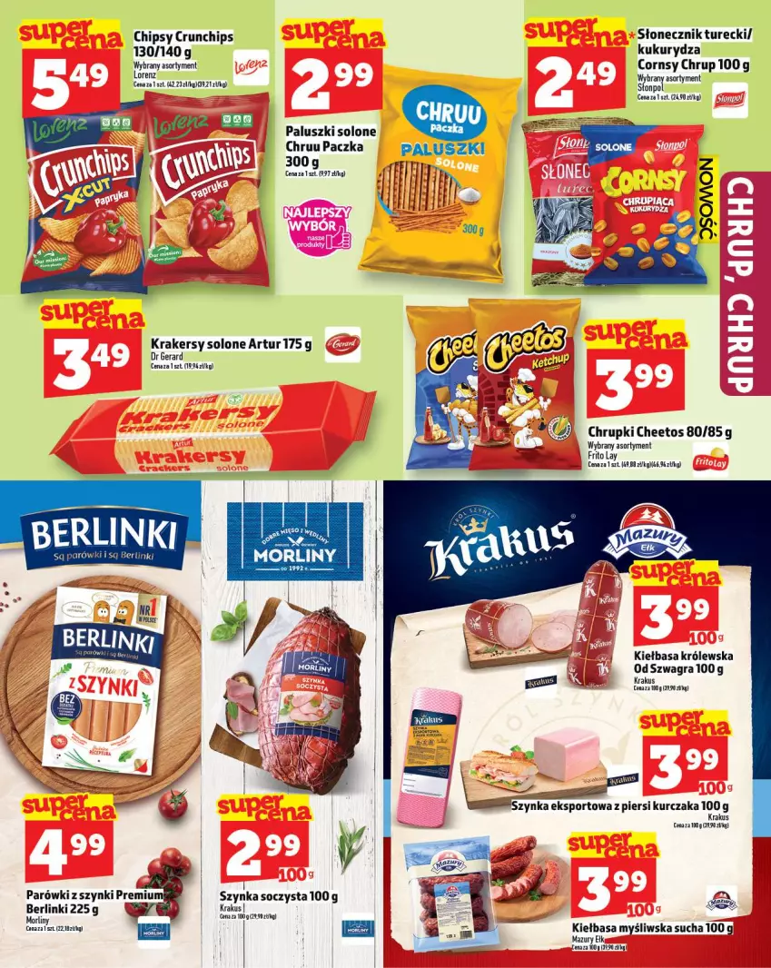 Gazetka promocyjna Topaz - Gazetka - ważna 20.11 do 26.11.2025 - strona 11 - produkty: Artur, Berlinki, Cheetos, Chipsy, Chrupki, Crunchips, Dr Gerard, Gra, Kiełbasa, Krakersy, Krakus, Kukurydza, Kurczak, Lorenz, Morliny, Parówki, Parówki z szynki, Por, Słonecznik turecki, Sport, Szynka
