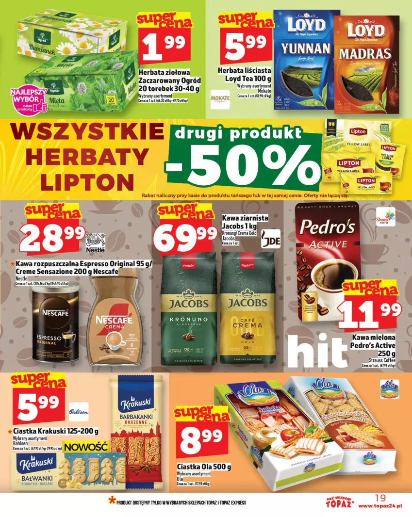 Gazetka promocyjna Topaz - Gazetka - ważna 20.11 do 26.11.2025 - strona 19 - produkty: Ciastka, Gin, Herbata, Herbatniki, Kawa, Kawa mielona, Kawa rozpuszczalna, Krakus, Krakuski, Loyd, Mus, Ogród, Top