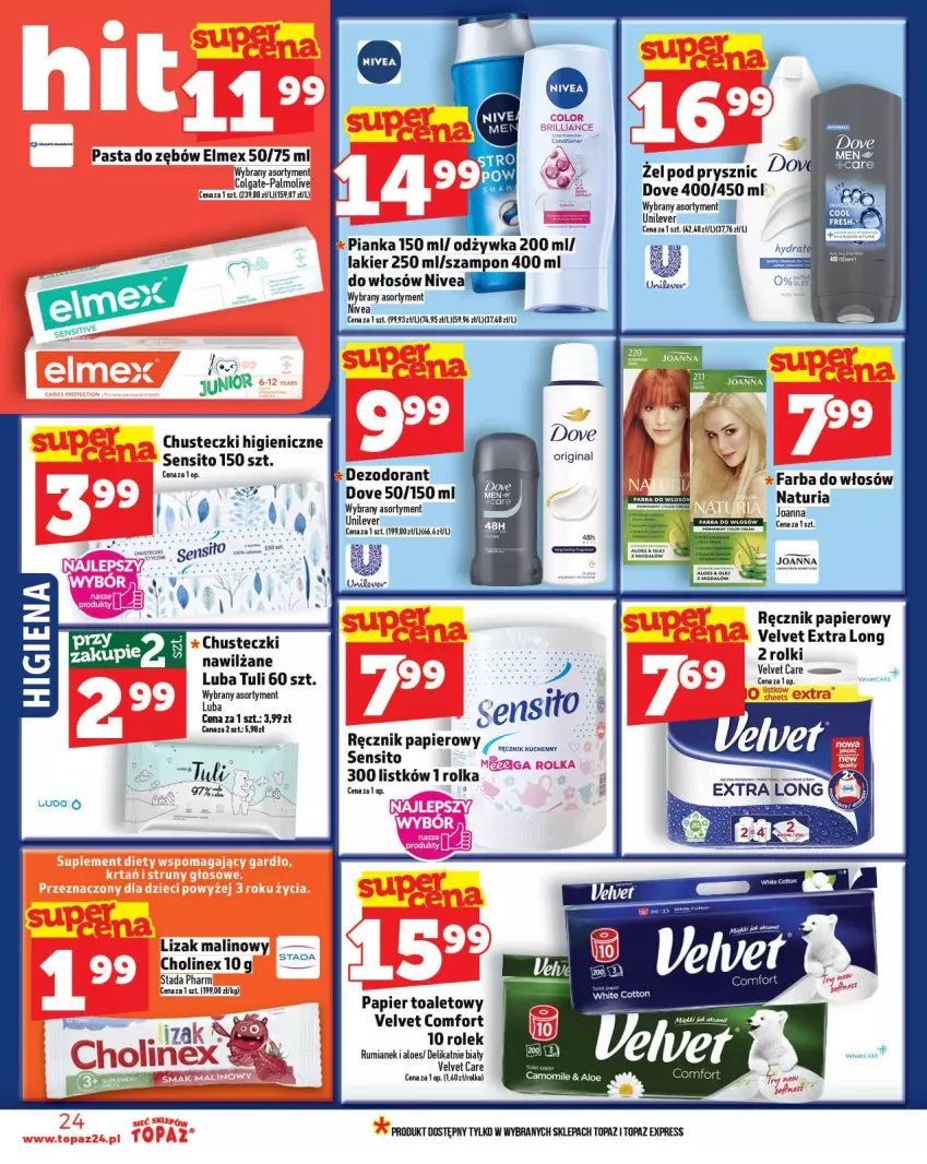 Gazetka promocyjna Topaz - Gazetka - ważna 20.11 do 26.11.2025 - strona 24 - produkty: Chusteczki, Dezodorant, Dove, Elmex, Fa, Farba do włosów, Gin, Joanna, Lakier, Nivea, Odżywka, Papier, Papier toaletowy, Pasta do zębów, Ręcznik, Rum, Sito, Szampon, Top, Velvet