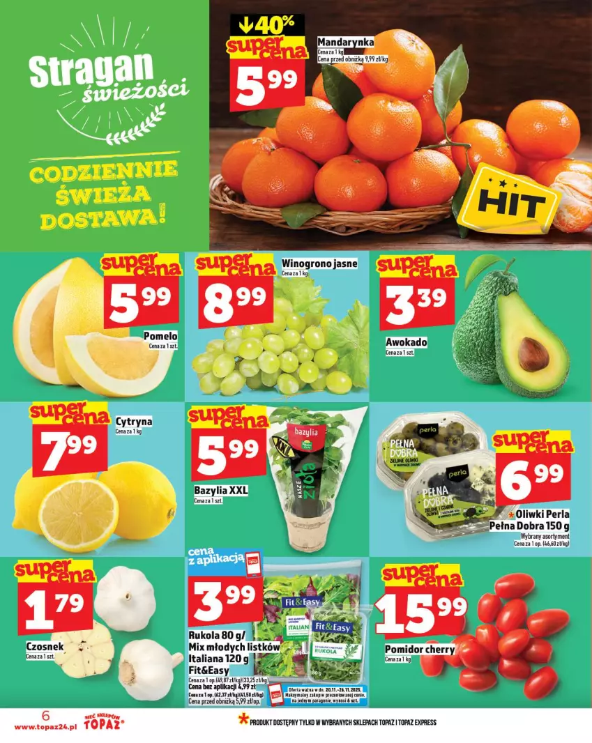 Gazetka promocyjna Topaz - Gazetka - ważna 20.11 do 26.11.2025 - strona 6 - produkty: Bazyl, Bazylia, Czosnek, Oliwki, Pomelo, Rukola, Rum, Top, Wino