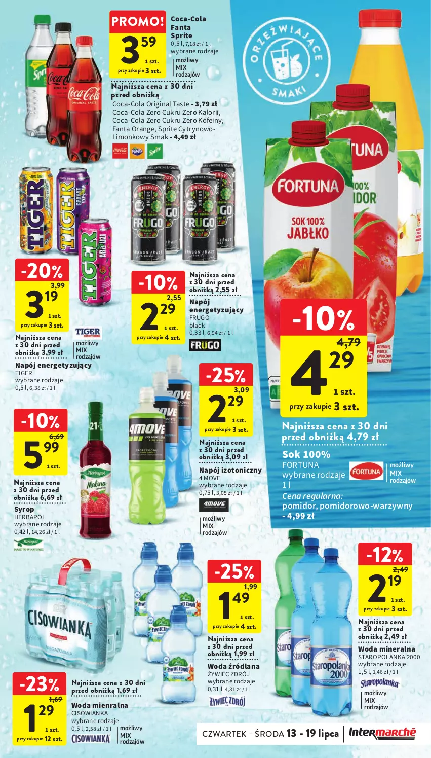 Gazetka promocyjna Intermarche - Gazetka Intermarche - ważna 13.07 do 19.07.2023 - strona 29 - produkty: Cisowianka, Coca-Cola, Fa, Fanta, Fortuna, Gin, Herbapol, Lack, LANA, Napój, Napój izotoniczny, Sok, Sprite, Staropolanka, Syrop, Tiger, Woda, Woda mineralna