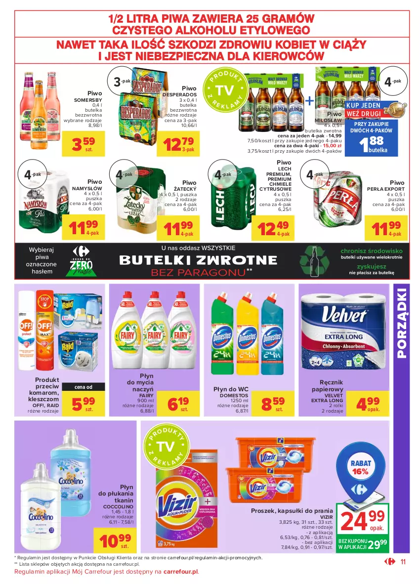 Gazetka promocyjna Carrefour - Gazetka Market - ważna 17.05 do 29.05.2021 - strona 11 - produkty: Coccolino, Desperados, Do mycia naczyń, Domestos, Fa, Fairy, Gra, Kapsułki do prania, Kosz, Lech Premium, Namysłów, Papier, Perła, Piec, Piwa, Piwo, Płyn do mycia, Płyn do mycia naczyń, Płyn do płukania, Płyn do wc, Por, Ręcznik, Rolki, Somersby, Velvet, Vizir