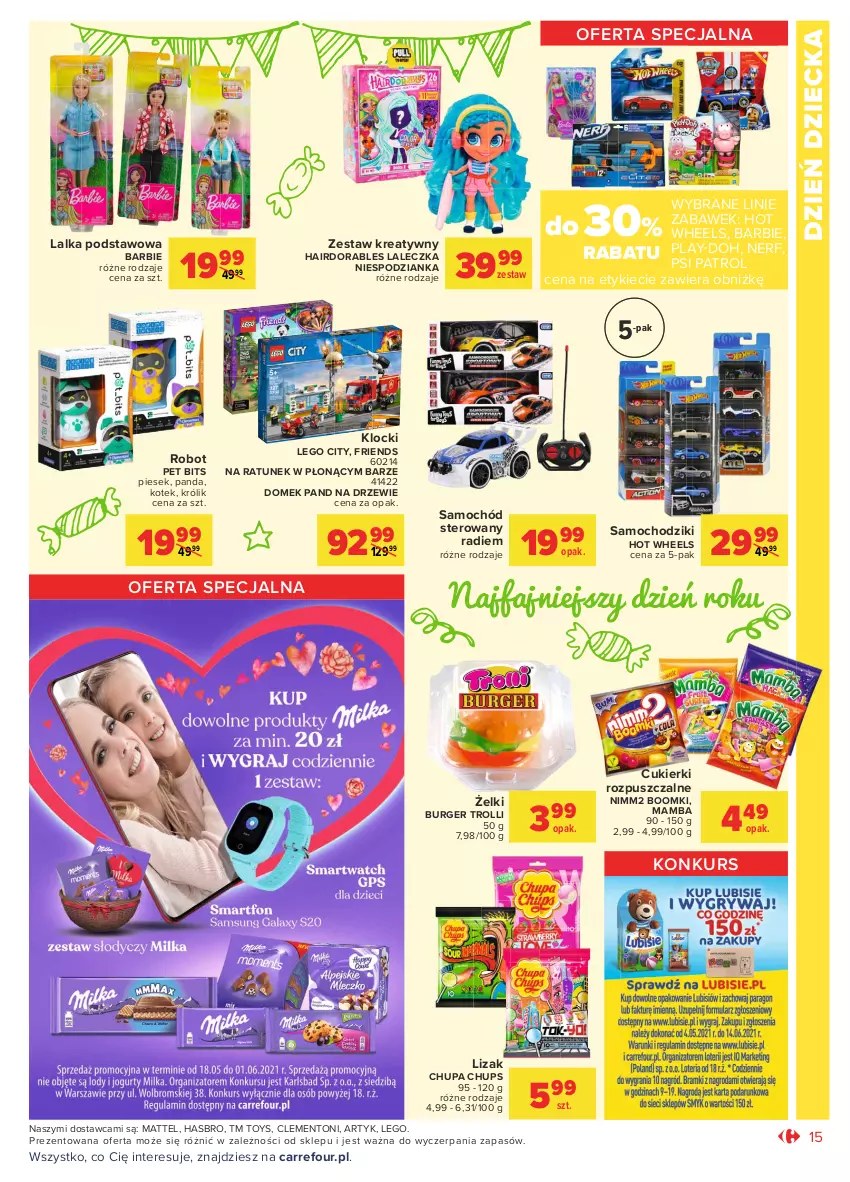 Gazetka promocyjna Carrefour - Gazetka Market - ważna 17.05 do 29.05.2021 - strona 15 - produkty: Barbie, Burger, Chodzik, Chupa Chups, Cukier, Cukierki, Fa, Hasbro, Hot Wheels, Klocki, Kotek, Królik, Lalka, LEGO, LEGO City, Mamba, Mattel, Nerf, Nimm2, Panda, Play-Doh, Psi Patrol, Robot, Samochód, Samochód sterowany, Samochodziki