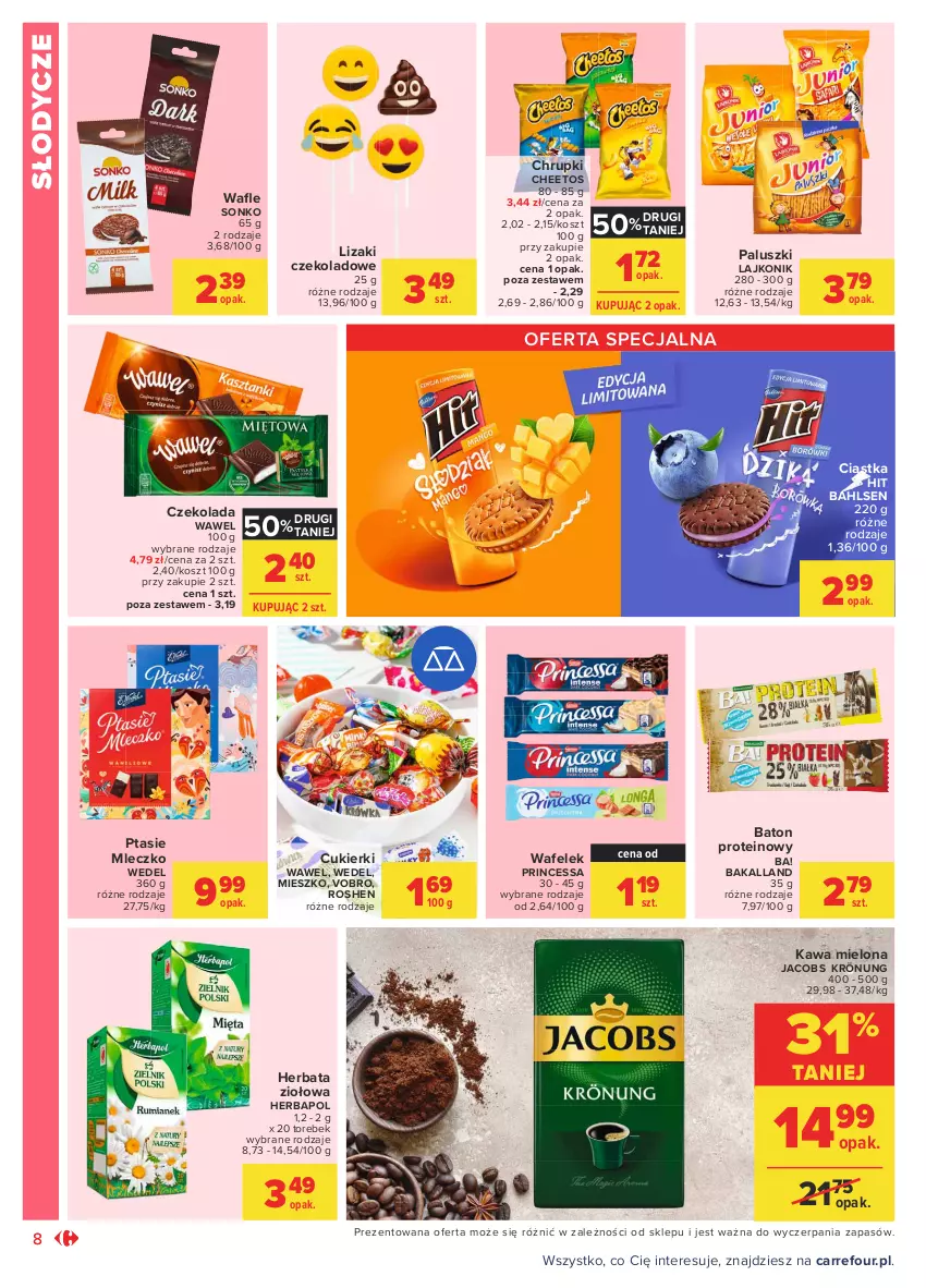 Gazetka promocyjna Carrefour - Gazetka Market - ważna 17.05 do 29.05.2021 - strona 8 - produkty: Ba!, Bakalland, Baton, Cheetos, Chrupki, Ciastka, Cukier, Cukierki, Czekolada, Herbapol, Herbata, Jacobs, Jacobs Krönung, Kawa, Kawa mielona, Kosz, Lajkonik, Lizaki, Lizaki czekoladowe, Mleczko, Princessa, Ptasie mleczko, Sonko, Wafelek, Wawel