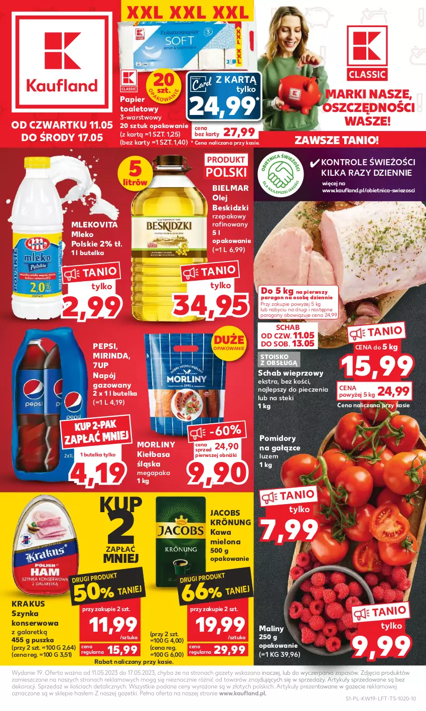 Gazetka promocyjna Kaufland - Gazetka tygodnia - ważna 11.05 do 17.05.2023 - strona 1 - produkty: 7up, Beskidzki, Gala, Jacobs, Jacobs Krönung, Kawa, Kawa mielona, Kiełbasa, Kiełbasa śląska, Krakus, Maliny, Mirinda, Mleko, Mlekovita, Morliny, Napój, Napój gazowany, Olej, Papier, Papier toaletowy, Pepsi, Piec, Pomidory, Schab wieprzowy, Ser, Stek, Szynka, Szynka konserwowa