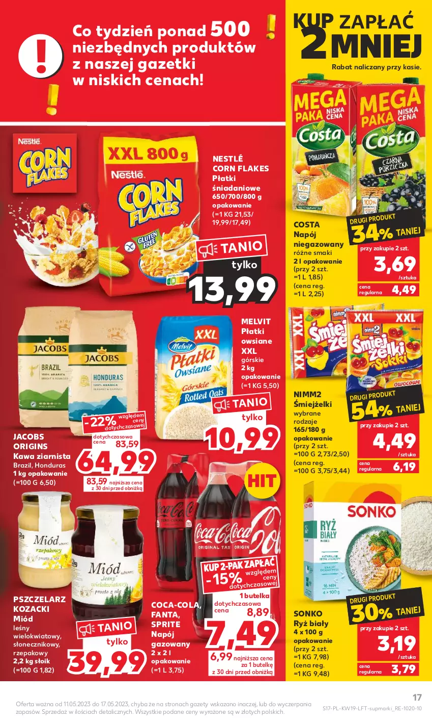 Gazetka promocyjna Kaufland - Gazetka tygodnia - ważna 11.05 do 17.05.2023 - strona 17 - produkty: Coca-Cola, Corn flakes, Danio, Fa, Fanta, Gin, Jacobs, Kawa, Kawa ziarnista, Melvit, Miód, Napój, Napój gazowany, Nestlé, Nimm2, Płatki owsiane, Ryż, Ryż biały, Sonko, Sprite