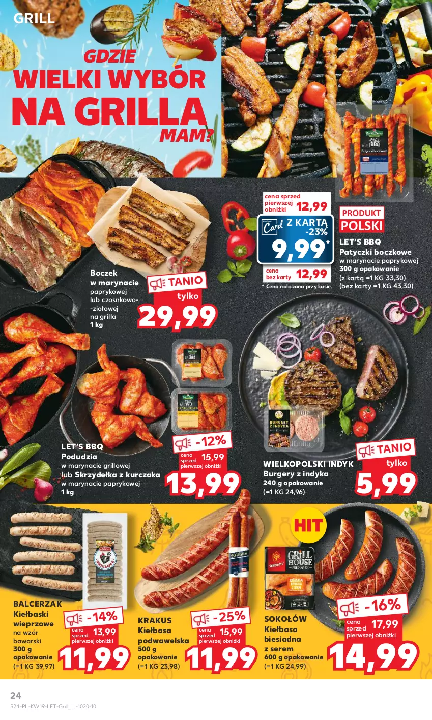 Gazetka promocyjna Kaufland - Gazetka tygodnia - ważna 11.05 do 17.05.2023 - strona 24 - produkty: Boczek, Burger, Grill, Kiełbasa, Kiełbasa biesiadna, Kiełbasa podwawelska, Krakus, Kurczak, Ser, Skrzydełka z kurczaka, Sok, Sokołów, Wawel