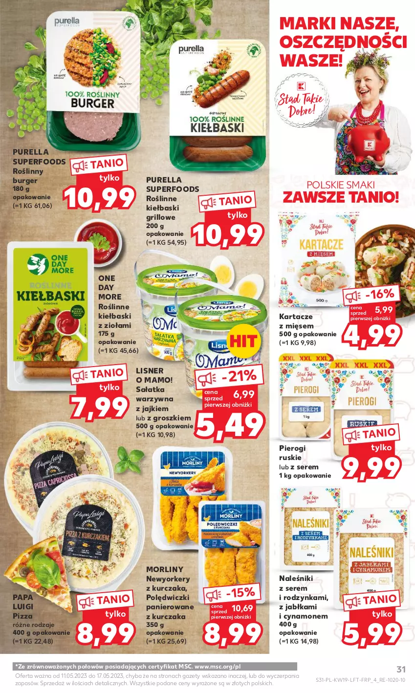 Gazetka promocyjna Kaufland - Gazetka tygodnia - ważna 11.05 do 17.05.2023 - strona 31 - produkty: Burger, Grill, Jabłka, Kurczak, Lisner, Morliny, Naleśniki, Pierogi, Pizza, Polędwiczki panierowane, Pur, Purella superfoods, Roślinne kiełbaski, Roślinny burger, Sałat, Sałatka, Sałatka warzywna, Ser