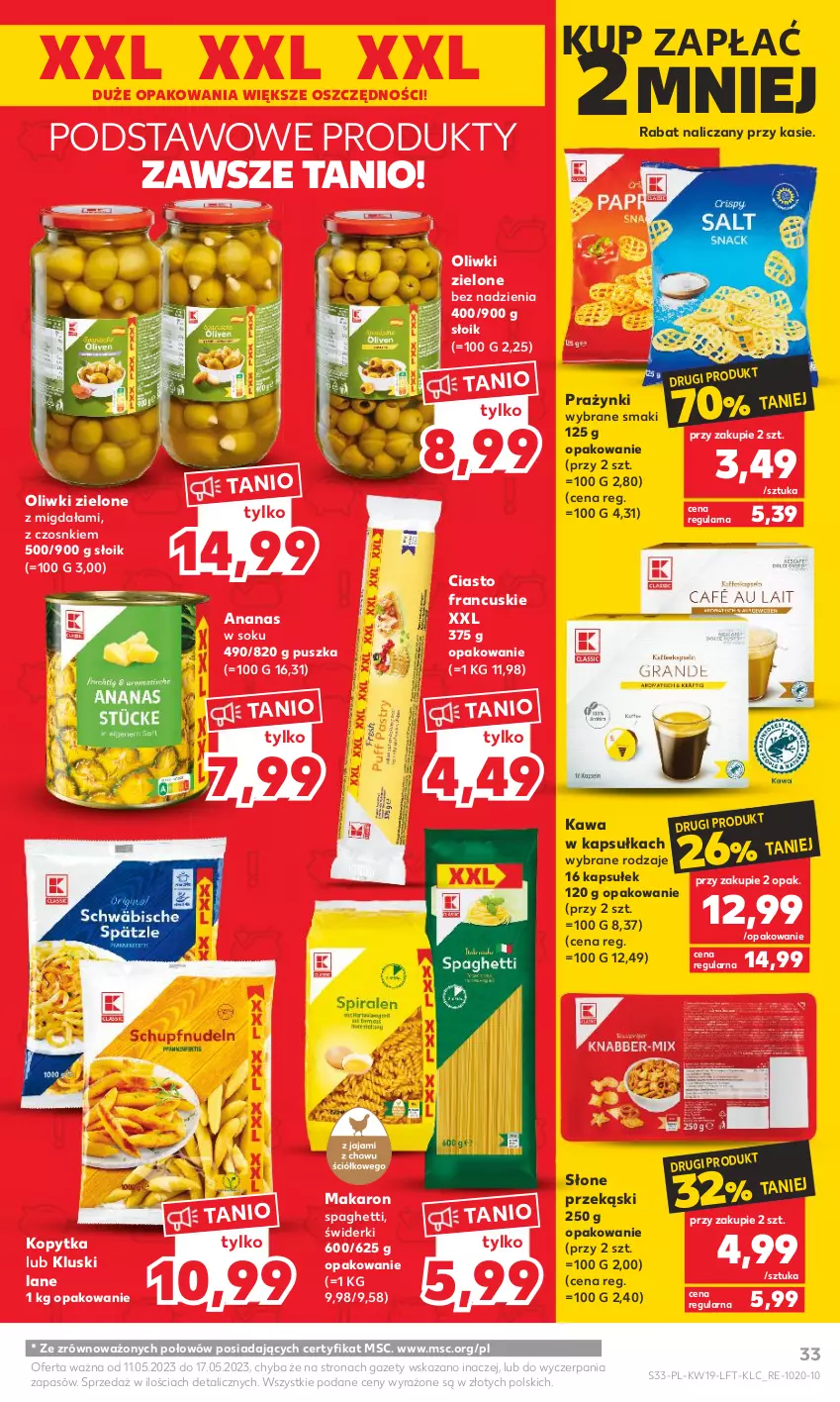 Gazetka promocyjna Kaufland - Gazetka tygodnia - ważna 11.05 do 17.05.2023 - strona 33 - produkty: Ananas, Ciasto francuskie, Kawa, Kopytka, Makaron, Oliwki, Oliwki zielone, Sok, Spaghetti