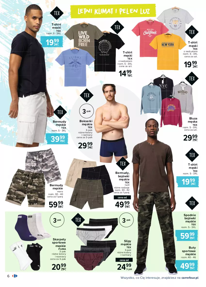 Gazetka promocyjna Carrefour - Gazetka Moda pełna słońca - ważna 03.05 do 15.05.2021 - strona 6 - produkty: Bermudy, Bluza, Bokserki, Buty, Karp, Por, Puma, Ser, Slipy, Spodnie, Sport, T-shirt