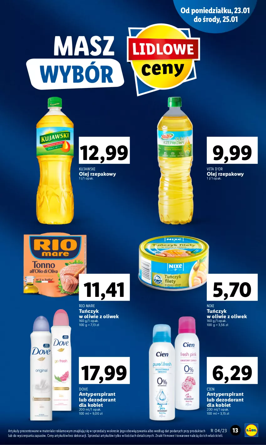 Gazetka promocyjna Lidl - GAZETKA - ważna 23.01 do 25.01.2023 - strona 13 - produkty: Antyperspirant, Dezodorant, Dove, Kujawski, Olej, Olej rzepakowy, Rio Mare, Tuńczyk