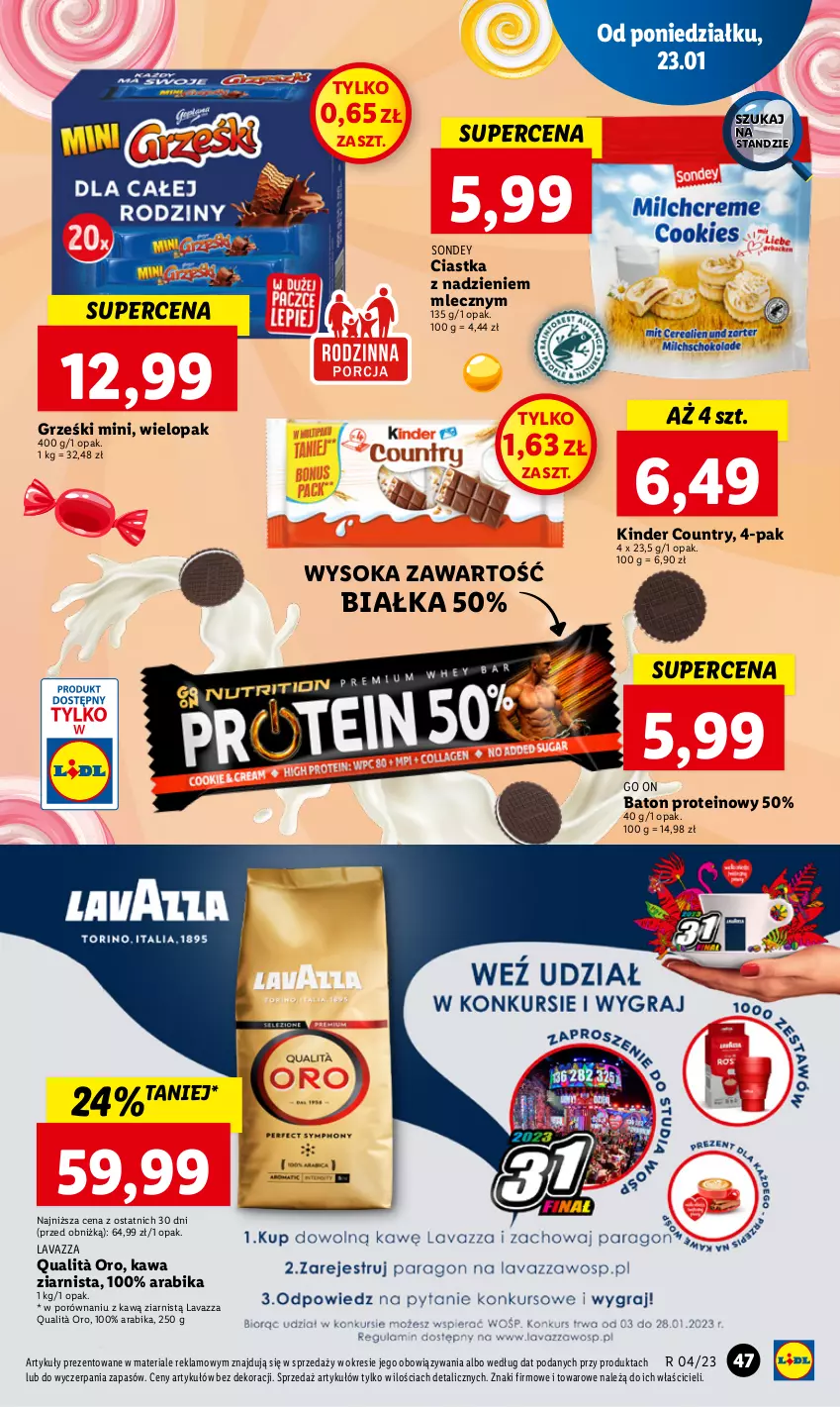 Gazetka promocyjna Lidl - GAZETKA - ważna 23.01 do 25.01.2023 - strona 49 - produkty: Baton, Ciastka, Grześki, Kawa, Kawa ziarnista, Kinder, Lavazza, Por, Sok