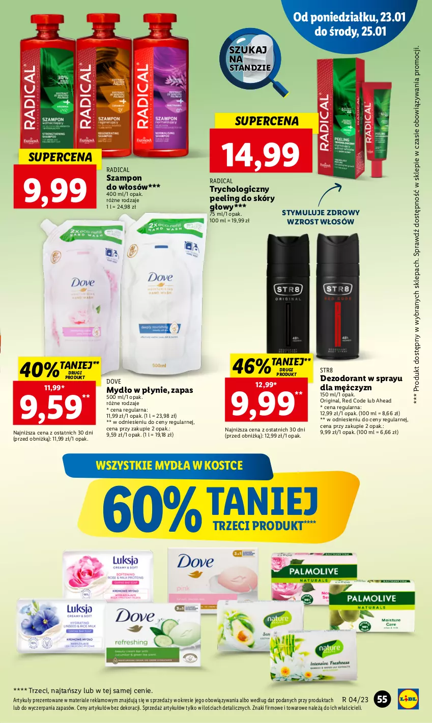 Gazetka promocyjna Lidl - GAZETKA - ważna 23.01 do 25.01.2023 - strona 59 - produkty: Dezodorant, Dove, Gin, Mydło, Mydło w płynie, Peeling, Str8, Szampon