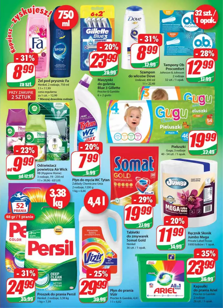 Gazetka promocyjna Dino - Gazetka - ważna 11.08 do 17.08.2021 - strona 19 - produkty: Air Wick, Dove, Fa, Gillette, Gra, Kiwi, Odświeżacz powietrza, Persil, Płyn do mycia, Płyn do prania, Proszek do prania, Ręcznik, Somat, Somat gold, Szampon, Tablet, Tampony, Tytan, Vizir